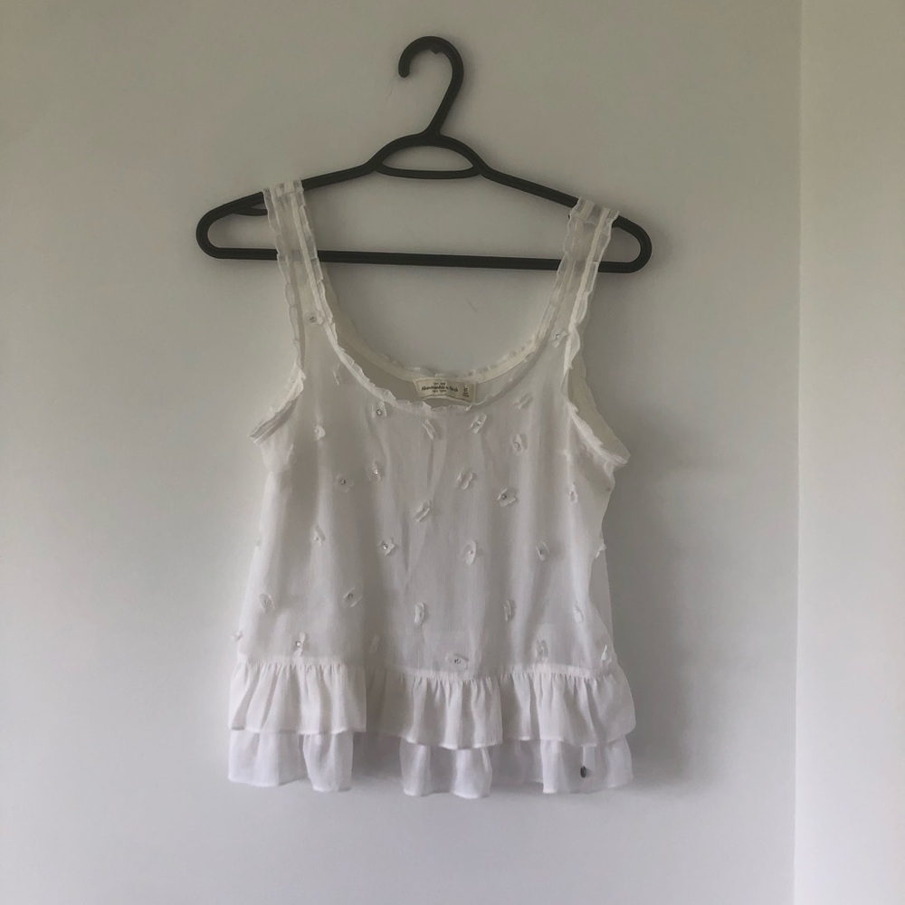 Y2K Abercrombie & Fitch Sheer White Ruffled Tank Top | Size XS